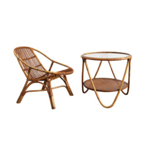 1960's Set of Rattan Armchair and Side Table