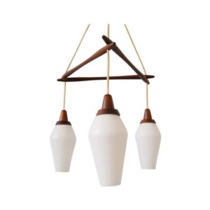 Danish teak hanging lamp with three lights, mid century chandelier