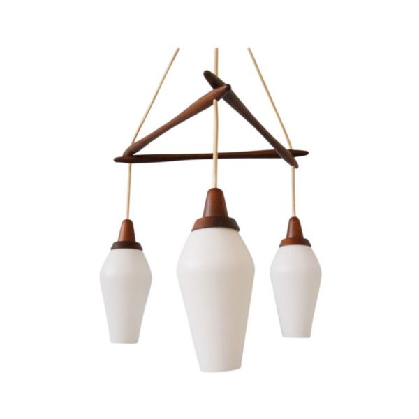 Danish teak hanging lamp with three lights, mid century chandelier