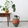 large floor vase green orange, brown with structure, Mid Century Fat Lava handle vase