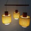 Scandinavian hanging lamp made of teak, opal glass and fabric shades, mid-century chandelier with three arms Scandinavian hanging lamp made of teak, opal glass and fabric shades, mid-century chandelier with three arms