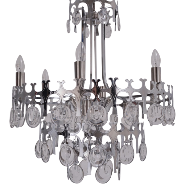 Sciolari chandelier `Ovali` 12 lights, silver with optical crystals, 1970`s ca, Italian, Rewired Sciolari chandelier `Ovali` 12 lights, silver with optical crystals, 1970`s ca, Italian, Rewired