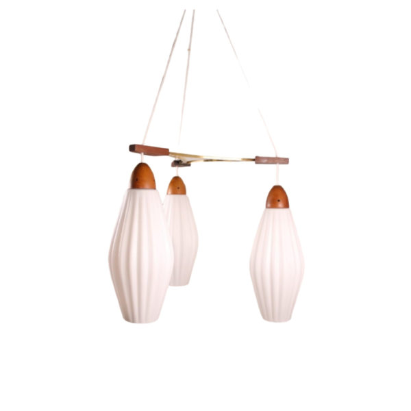 Danish Teak hanging lamp with ribbed white milk glass chalices Danish Teak hanging lamp with ribbed white milk glass chalices
