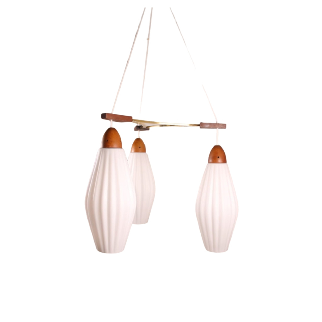 Danish Teak hanging lamp with ribbed white milk glass chalices