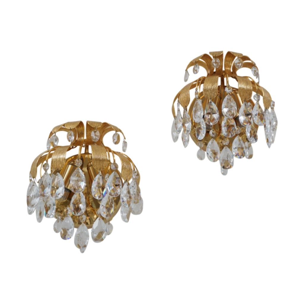 Palwa crystal pair wall lights by Ernst Palme, brass pineapple, 1960`s, German