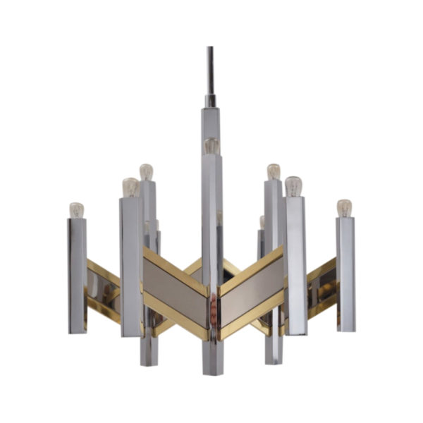 Sciolari chandelier `Chevron` 9 lights brass & chrome, 1970`s ca, Italian Sciolari chandelier `Chevron` 9 lights brass & chrome, 1970`s ca, Italian