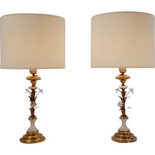 Pair Banci Firenze Florentine tole gold gilt table lamps, crystal flowers & alabaster, 1950`s ca, Italian
