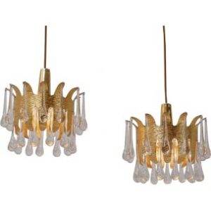 Ernst Palme pair pendants for Palwa gilt brass & crystal, 1960`s, German