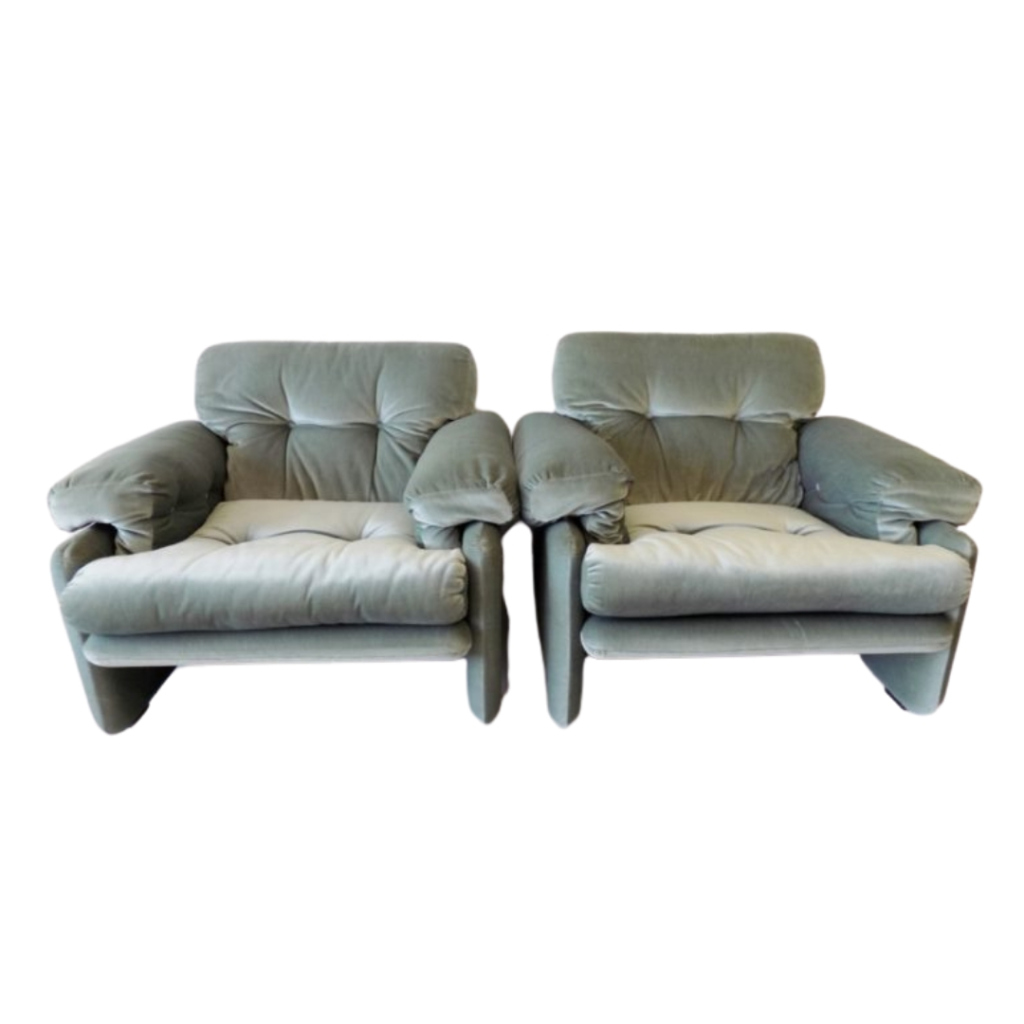 C&B Italia Coronado set of 2 icegreen velours armchairs by Afra & Tobia Scarpa