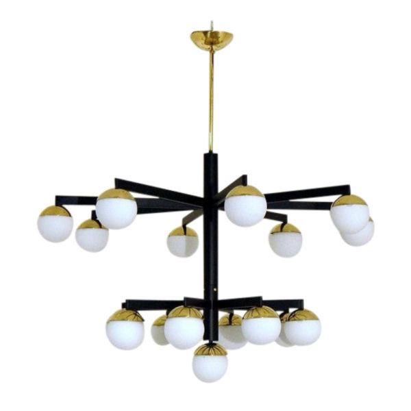 Mid-Century Black and Brass Italian Style Chandelier