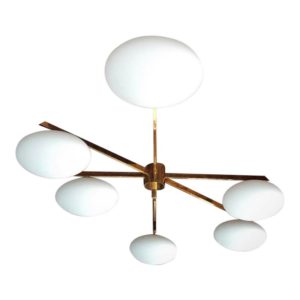 Modern Angelo Lelli Style Italian Brass and Opaline Pendant Light