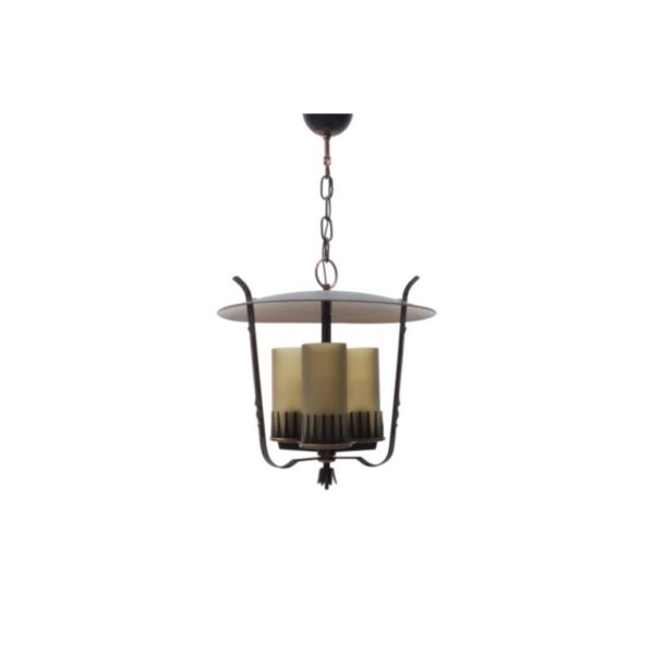 Mid-Century Pendant Lamp in Copper and Satinized Cylindrical Glass, 1950s