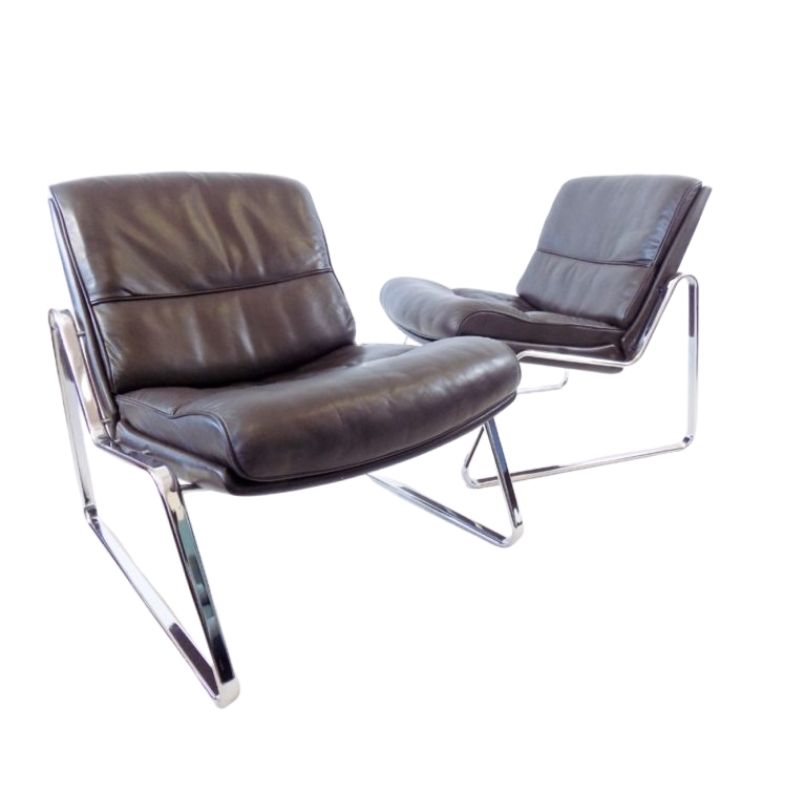 Drabert pair of brown leather lounge chairs by Gerd Lange