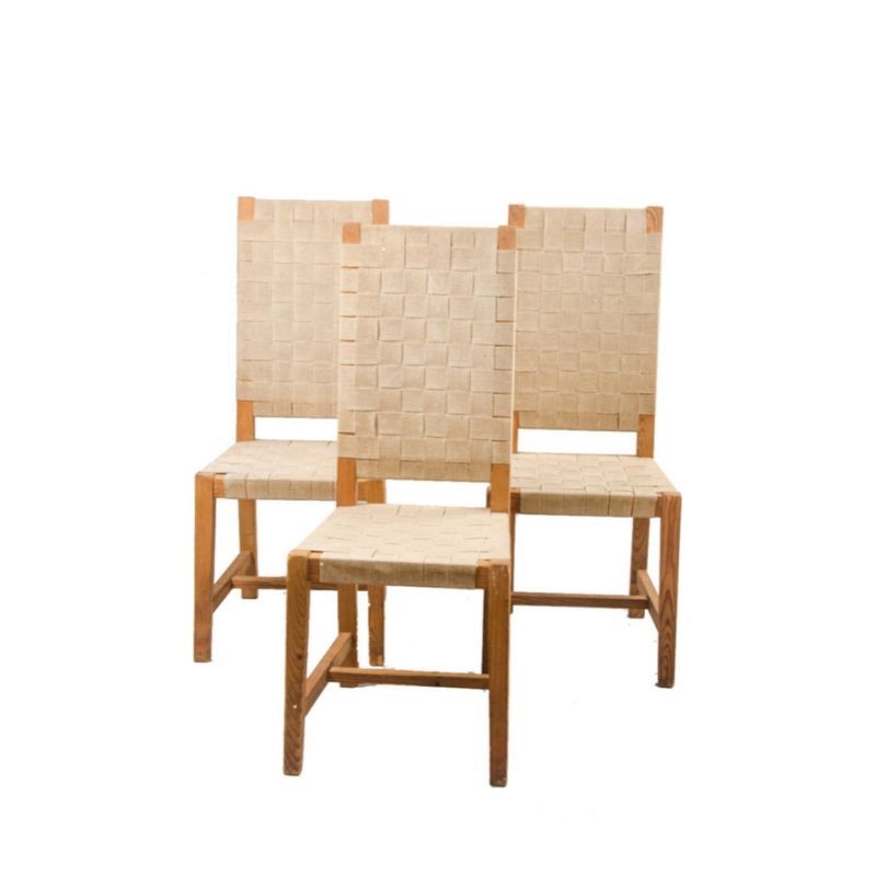 Mid-Century Dining Chairs in Pine and Straps, France, 1950s, Set of 3