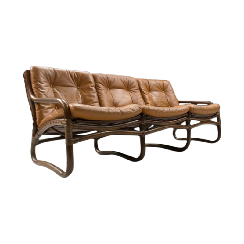 Italian Bamboo, Rattan, and Leather 3-Seater Sofa, 1960s