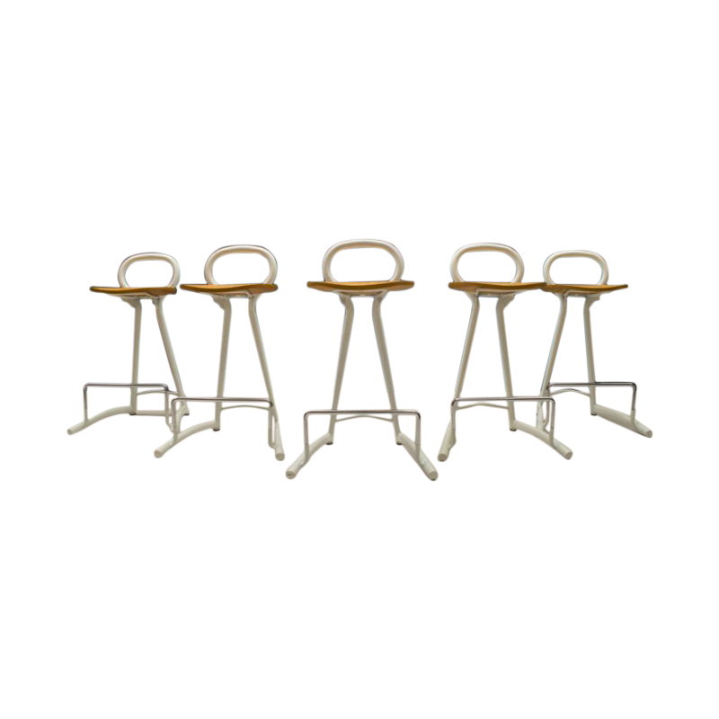 Metal and Wood Bar Stools with Footrests, 1980s, Set of 5