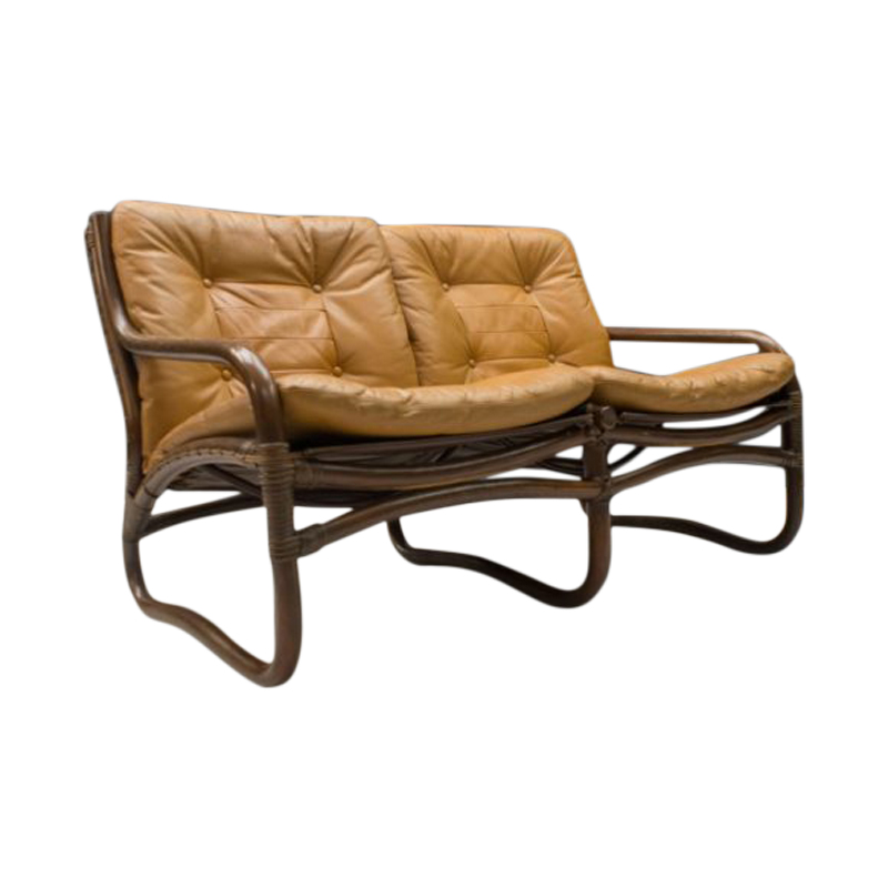 Italian Bamboo, Rattan, and Leather 2-Seater Sofa, 1960s