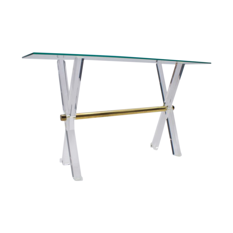 Hollywood Regency Plexiglas, Glass, and Brass Console Table, 1960s