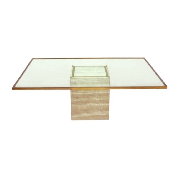 Belgium Travertine, Brass & Glass Coffee Table by Roger Vanhevel, 1970s