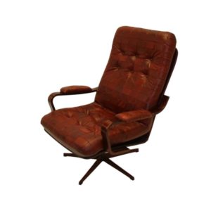 Swedish Red Leather Patches Armchair Rotatable