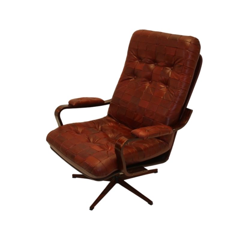 Swedish Red Leather Patches Armchair Rotatable