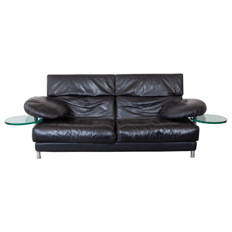 ARCA Model B&B Black Leather Sofa,Two seater with Glass side tables