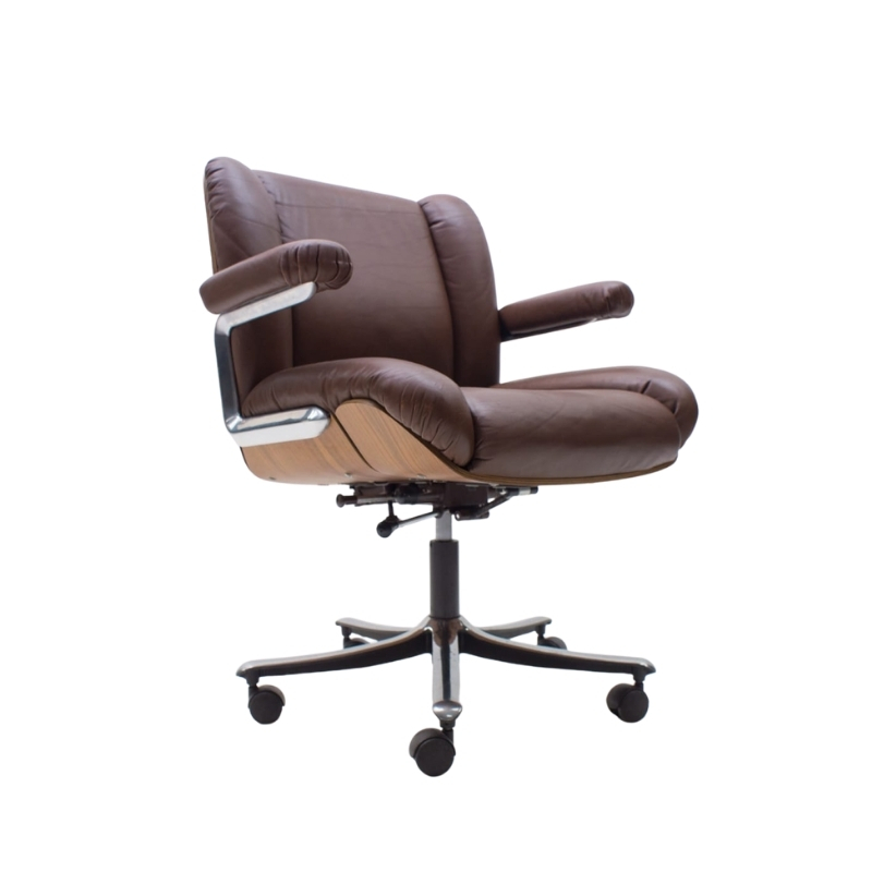 1960s Rare Swiss Swivel Leather Plywood Desk Chair by Stoll for Giroflex