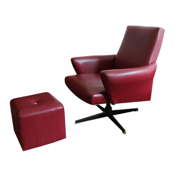1970's Swivel Armchair and tabouret in Burgundy Leather