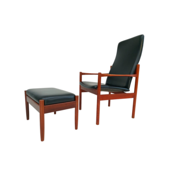 Danish armchair with stool, teak wood, original very good condition, 60s