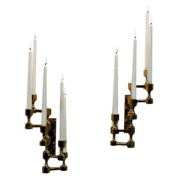 Swedish Brass five arm wall candelabrum pair by Lars Bergsten for Gusum 1990s