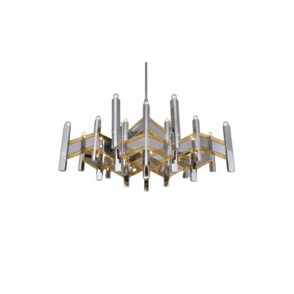 Sciolari chandelier `Chevron` large 21 lights brass & chrome, 1970`s, Italian