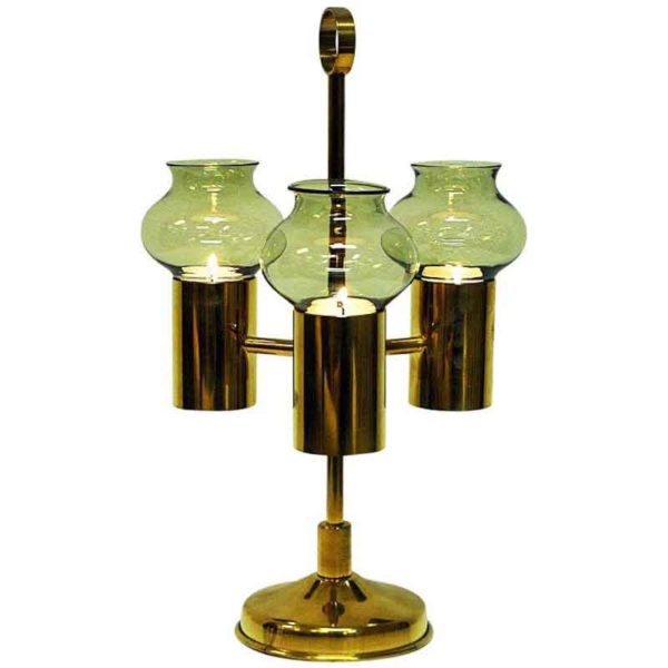 Norwegian Odel Brass Candleholder three arms with green glass shades 1960s