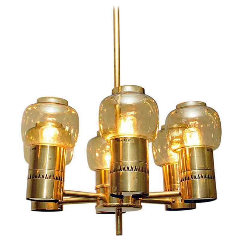Brass and amberglass ceiling lamp mod L64 by Hans-Agne Jacobsson 1950s, Sweden