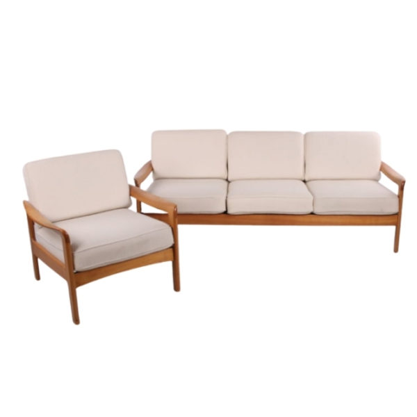 Scandinavian 3-seater sofa and armchair white Creme 1960 Scandinavian 3-seater sofa and armchair white Creme 1960