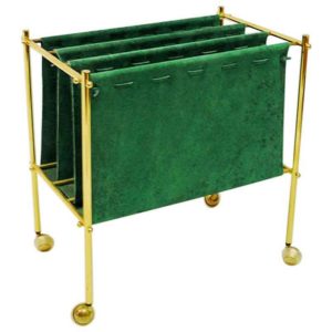 Scandinavian vintage suede leather and brass newspaper holder 1960s
