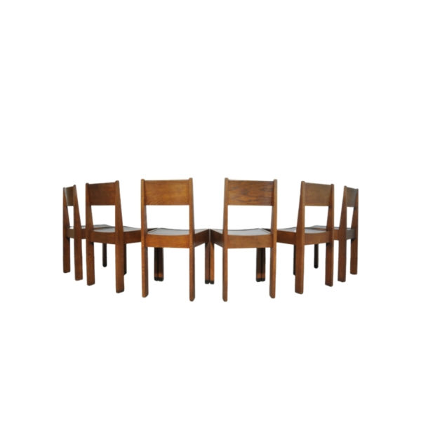 Set of 6 vintage Haagse School oak dining chairs, Netherlands Art Deco 1930s