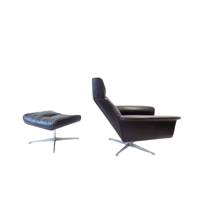 Kaufeld Siesta 62 black leather armchair with ottoman by Jacques Brule
