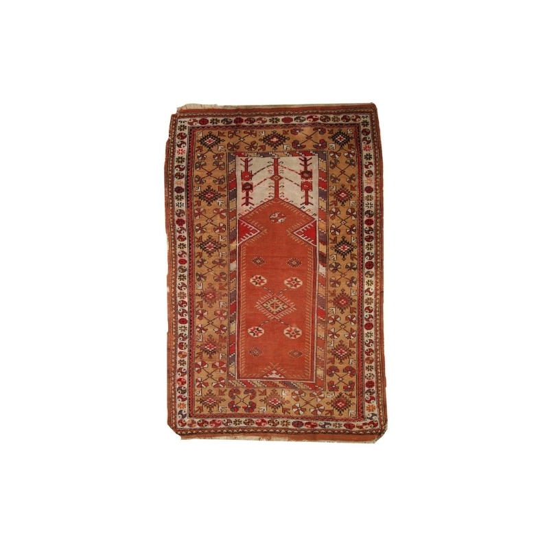 Handmade antique prayer Turkish Melas rug 4′ x 6.3′ ( 123cm x 192cm) 1920s – 1C316