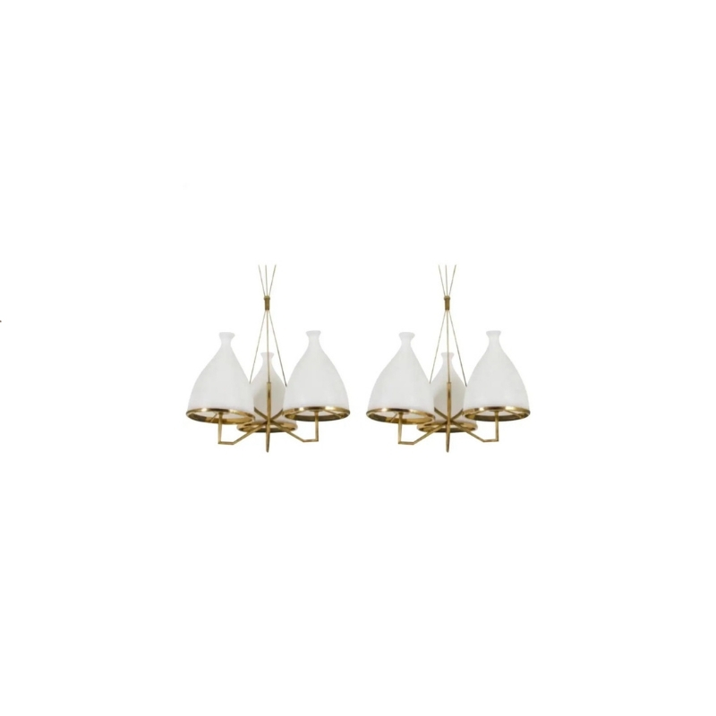 Set of Two Stilnovo Brass and White Glass Chandeliers, 1950s