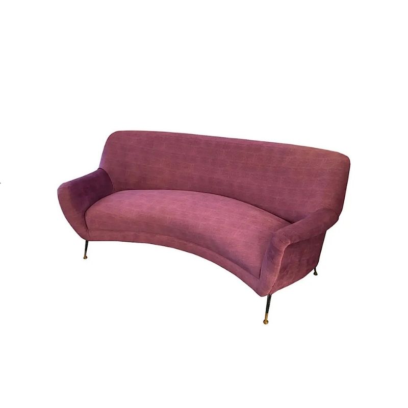 Mid-Century Modern Purple Velvet and Brass Italian Curved Sofa, 1960s
