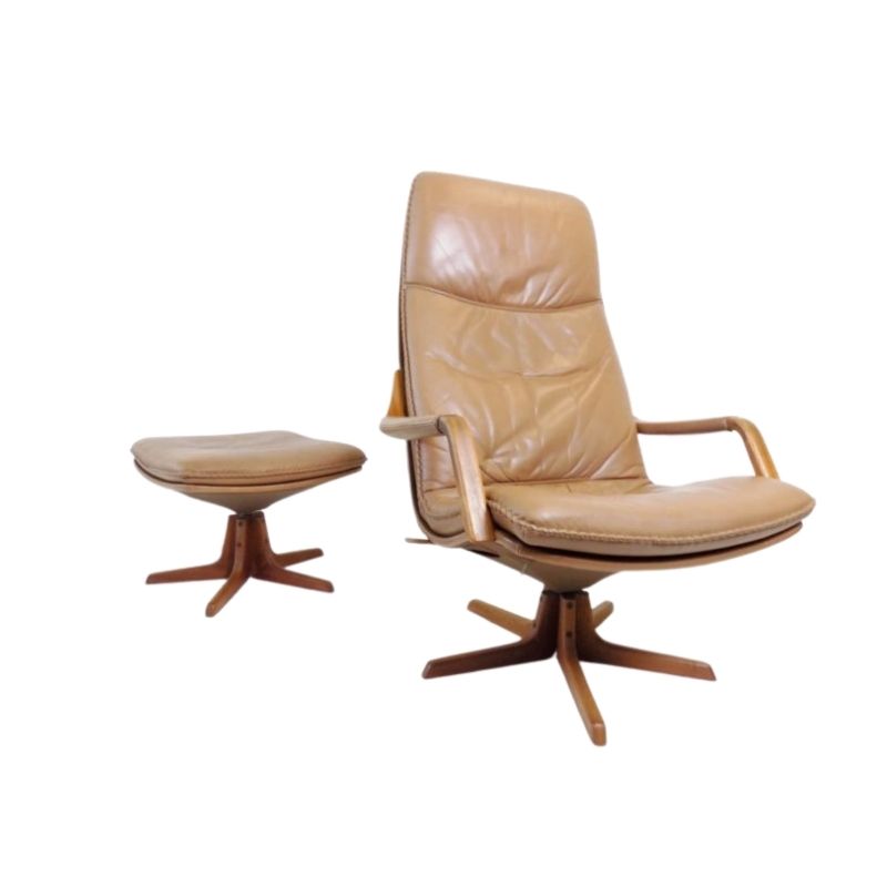 Berg Furnitures leather armchair, cognac-colored with ottoman