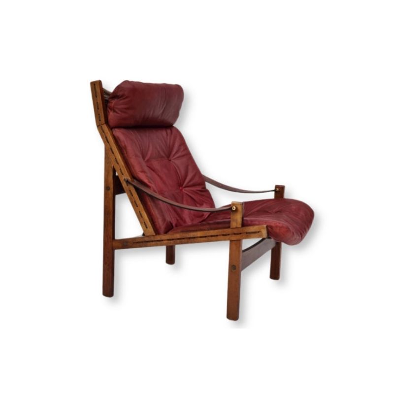 Scandinavian, relax armchair, original cherry-brown leather, 70s, teak