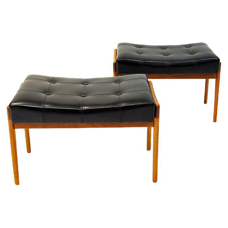 Black leatherette and teak footstool pair by Bröderna Andersson 1950s Sweden