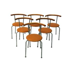 Set of six brown Leather seat dining stools by Jerry Hellström, Sweden 1988
