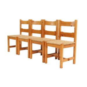 1970’s set of chairs in pine wood with straw seat