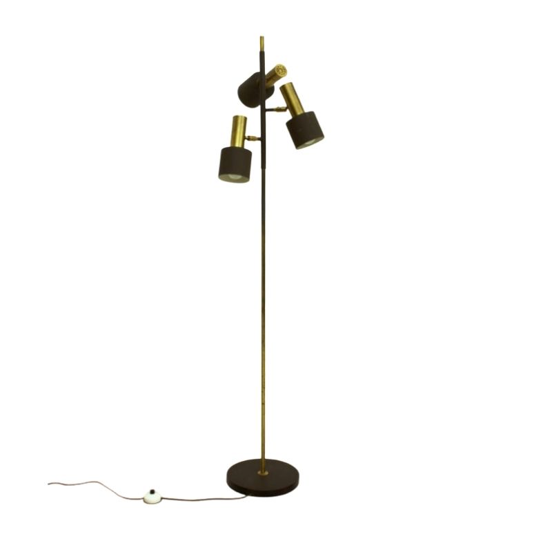 Danish Brass & Brown Lacquered Metal 3-Arm Floor Lamp by Johannes Hammerborg for Fog & Mørup, 1960s