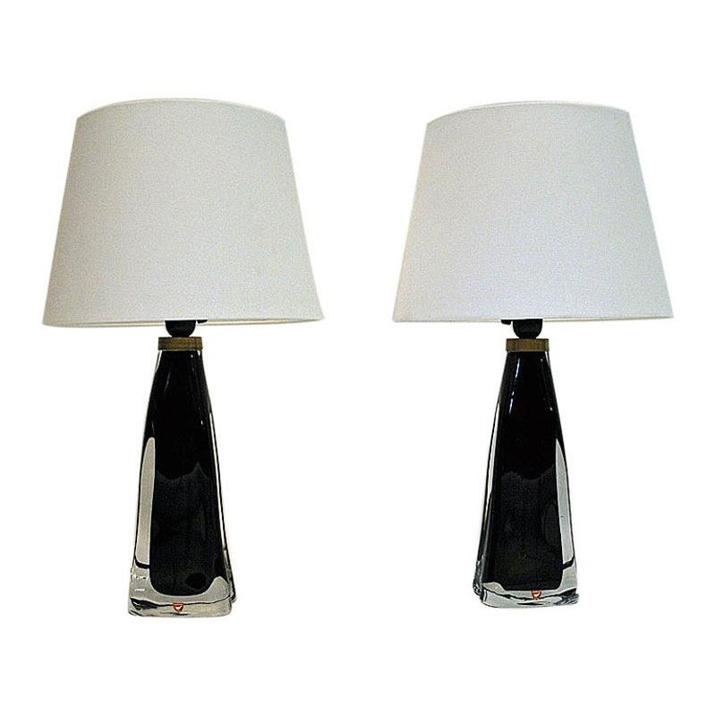 Black glass tablelamp pair RD1323 by Carl Fagerlund for Orrefors, Sweden 1960s