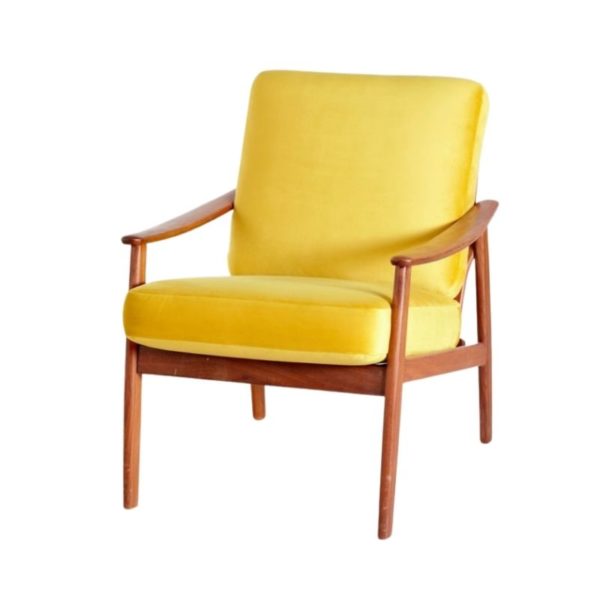 Danish Teak Armchair with New Yellow Velvet Upholstery, 1960s