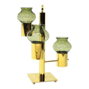 Norwegian Brass Candleholder three arms with green glass Colseth 1960s
