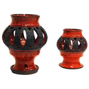 Red glazed ceramic pair of tablelamps by Nykirka Motala Keramik Sweden 1960s